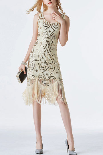 1920s Champagne Sequins Flapper Tea-Length Dress